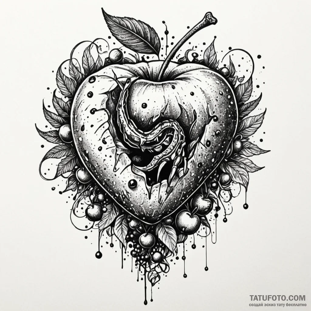 Forbidden fruit with a single, venomous bite,... - эскиз тату (№1750214841_0, 18.06.2025 02:47) — Tatufoto.com