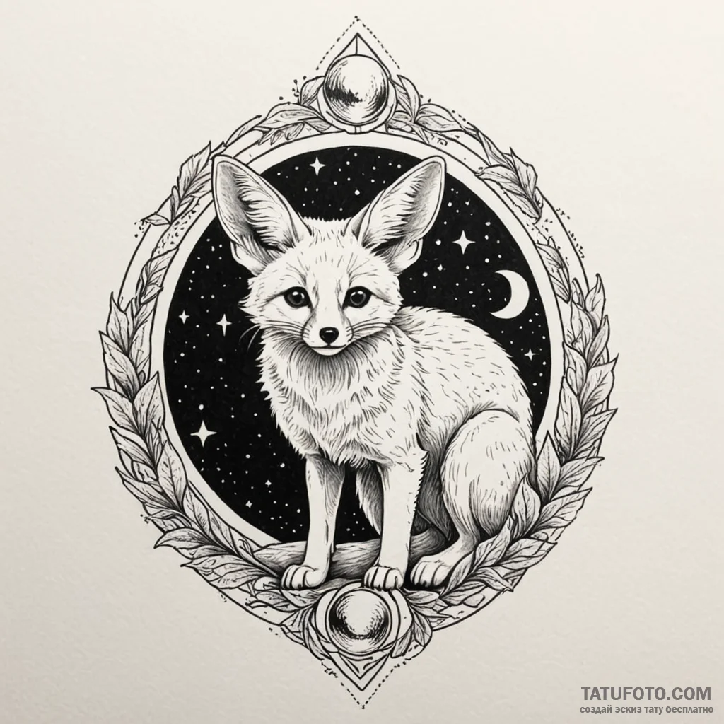 Fennec fox curled around a glowing moonstone,... - эскиз тату (№1750216639_0, 18.06.2025 03:17) — Tatufoto.com