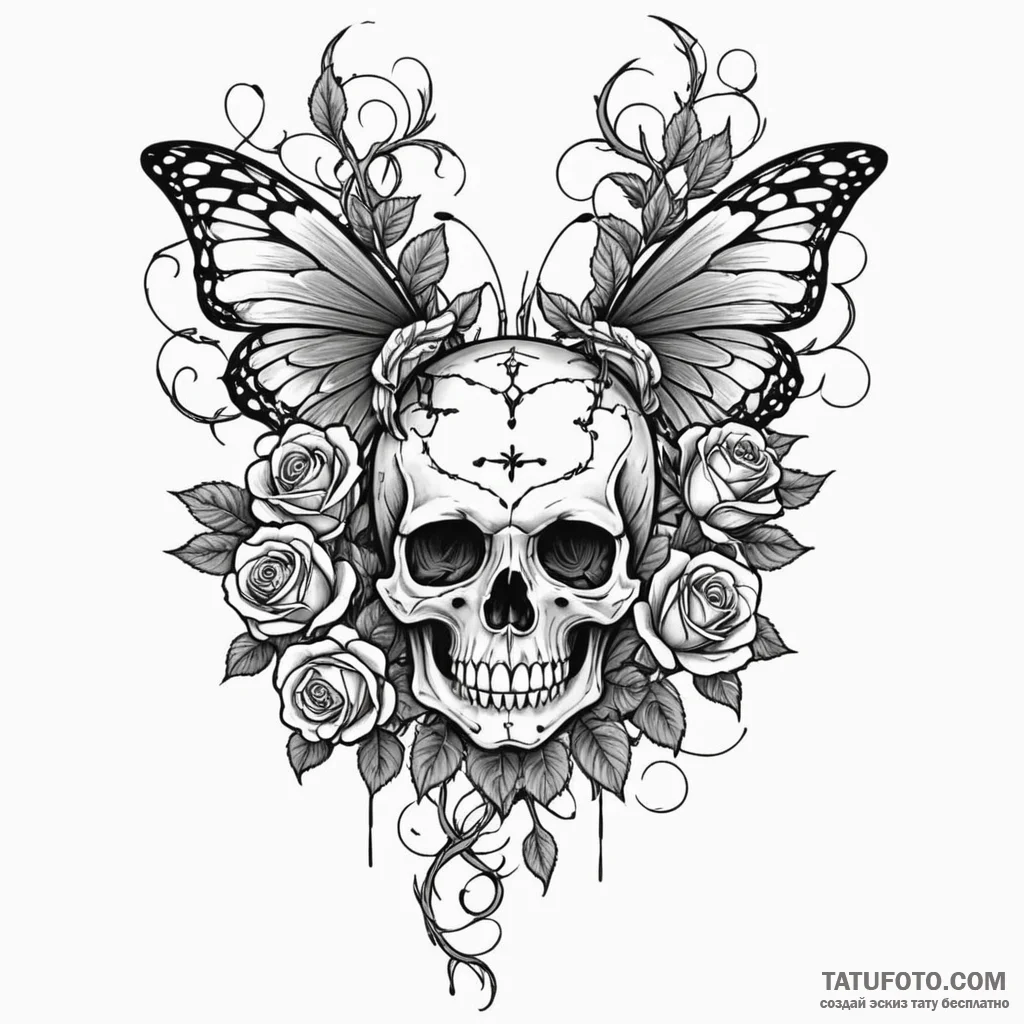 Ashen butterfly caught in thorned vines, tatt... - эскиз тату (№1750216962_0, 18.06.2025 03:22) — Tatufoto.com