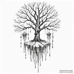 Ice chimes hanging from bone tree, ink illust... - эскиз тату (№1750218315_0, 18.06.2025 03:45) — Tatufoto.com