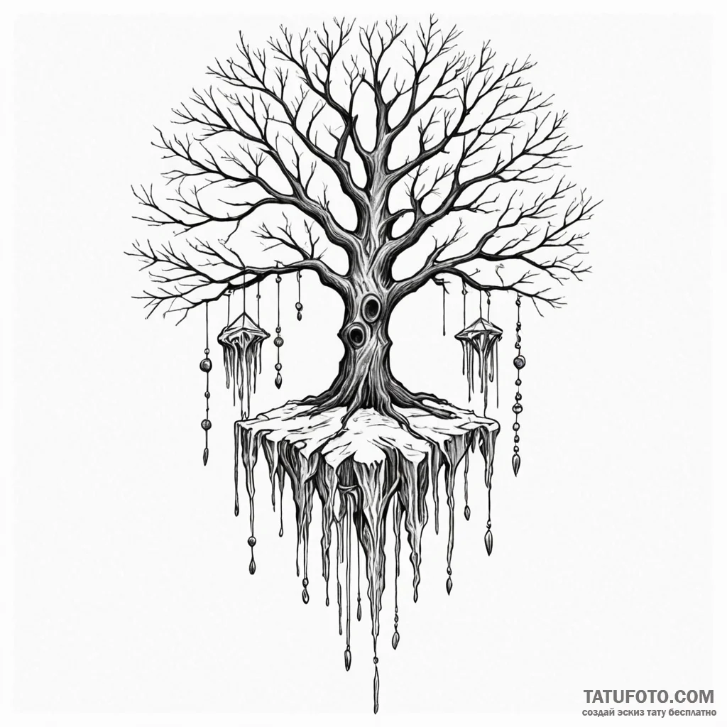 Ice chimes hanging from bone tree, ink illust... - эскиз тату (№1750218315_0, 18.06.2025 03:45) — Tatufoto.com