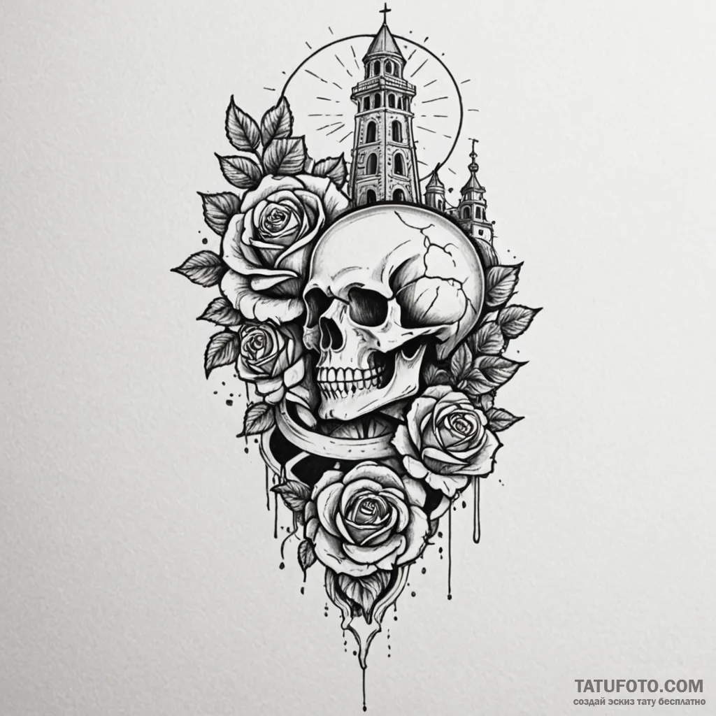 Tower crumbling beneath eclipsed sun, tattoo... - эскиз тату (№1750218704_0, 18.06.2025 03:51) — Tatufoto.com