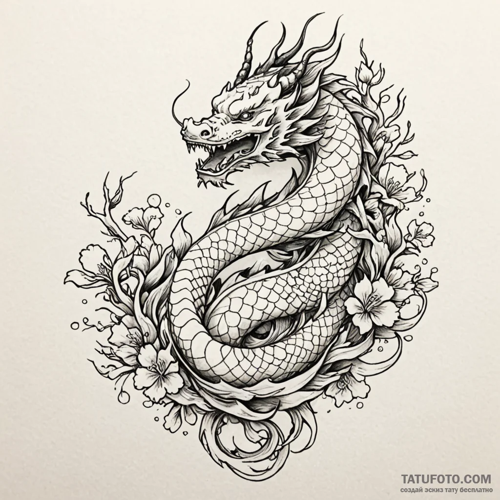 Aquatic dragon weaving through coral, tattoo... - эскиз тату (№1750218768_0, 18.06.2025 03:52) — Tatufoto.com