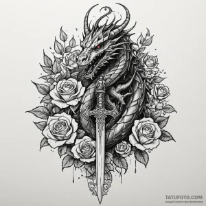 A striking black dragon wrapped around a swor... - эскиз тату (№1750219412_0, 18.06.2025 04:03) — Tatufoto.com