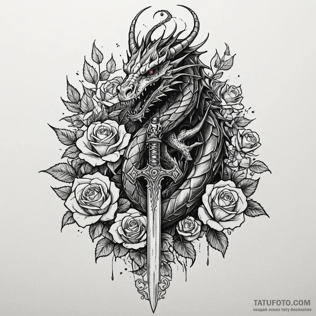 A striking black dragon wrapped around a swor... - эскиз тату (№1750219412_0, 18.06.2025 04:03) — Tatufoto.com
