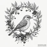 A whimsical bird on a branch with berries, fe… — эскиз тату (№1750219670_0, 18.06.2025 04:07) — Tatufoto.com