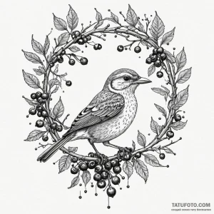 A whimsical bird on a branch with berries, fe... - эскиз тату (№1750219670_0, 18.06.2025 04:07) — Tatufoto.com