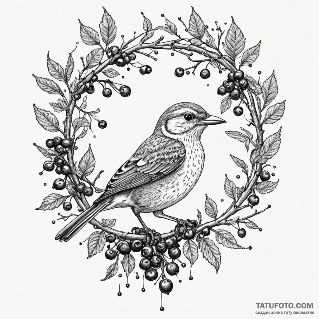 A whimsical bird on a branch with berries, fe... - эскиз тату (№1750219670_0, 18.06.2025 04:07) — Tatufoto.com