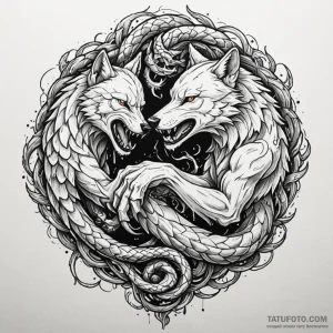 Serpent strangling a wolf, a battle of cunnin... - эскиз тату (№1750221407_0, 18.06.2025 04:36) — Tatufoto.com