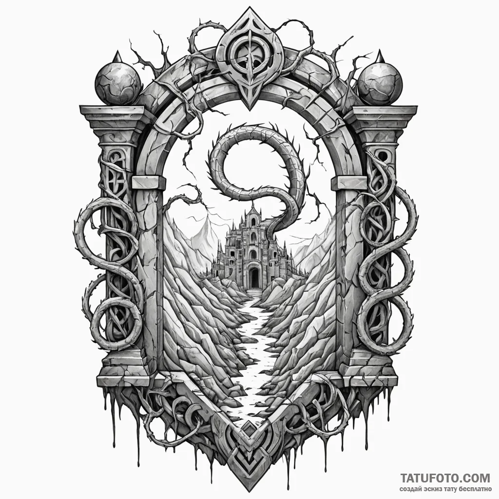 Jagged serpent beneath shattered gate, tattoo... - эскиз тату (№1750221986_0, 18.06.2025 04:46) — Tatufoto.com