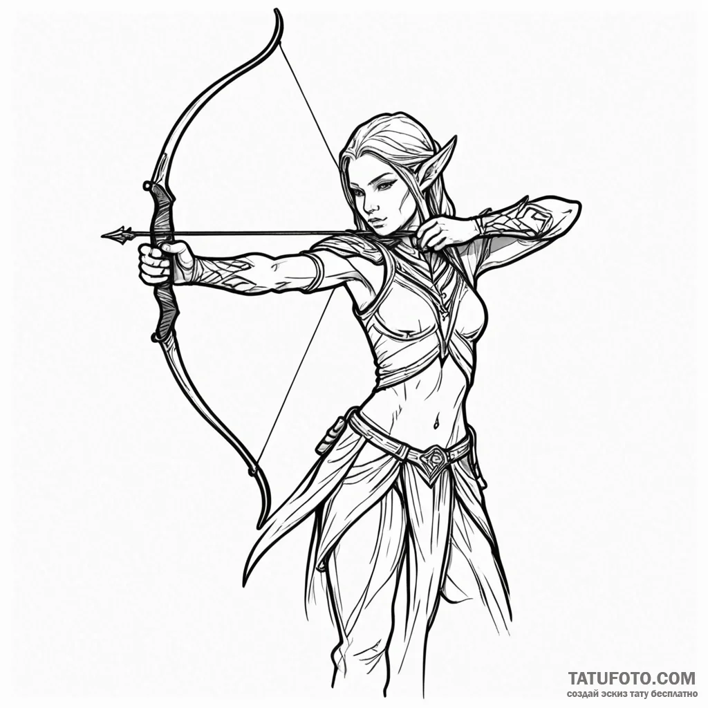 Elven archer, concept art for tattoo, minimal... - эскиз тату (№1750222113_0, 18.06.2025 04:48) — Tatufoto.com