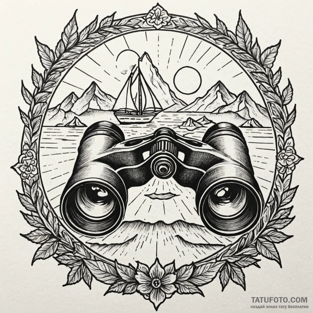 A detailed binoculars on a window sill, curio... - эскиз тату (№1750223291_0, 18.06.2025 05:08) — Tatufoto.com