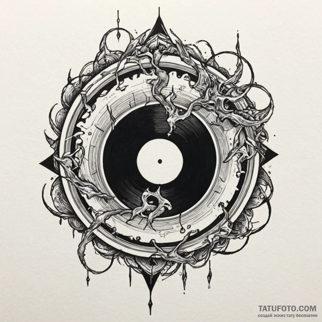 A detailed broken record spinning, stuck,, ta... - эскиз тату (№1750223355_0, 18.06.2025 05:09) — Tatufoto.com