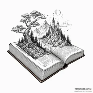 A book with a fantasy world growing from its... - эскиз тату (№1750224697_0, 18.06.2025 05:31) — Tatufoto.com