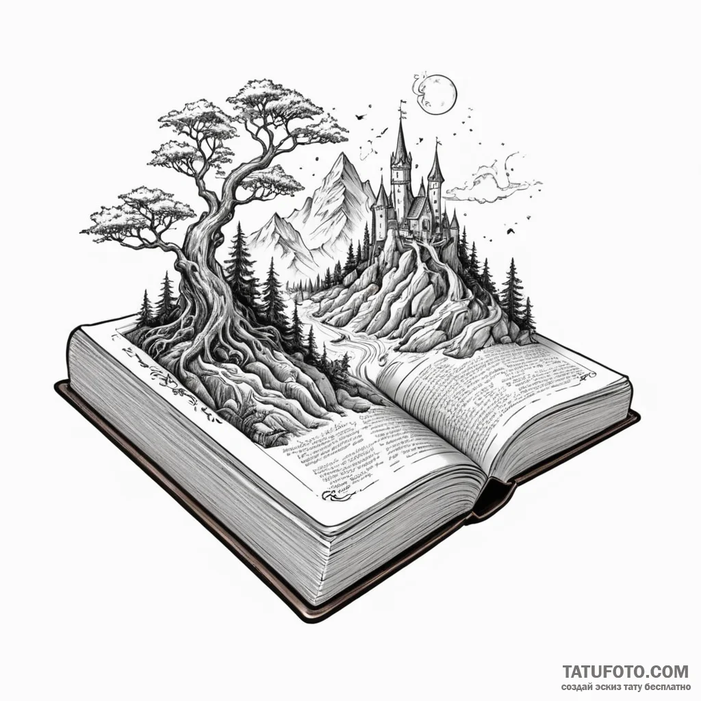 A book with a fantasy world growing from its... - эскиз тату (№1750224697_0, 18.06.2025 05:31) — Tatufoto.com