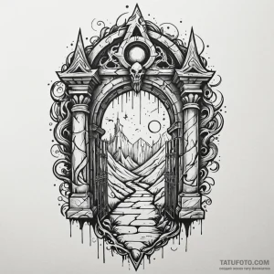 Tomb gate beneath spectral storm, concept art... - эскиз тату (№1750224890_0, 18.06.2025 05:34) — Tatufoto.com