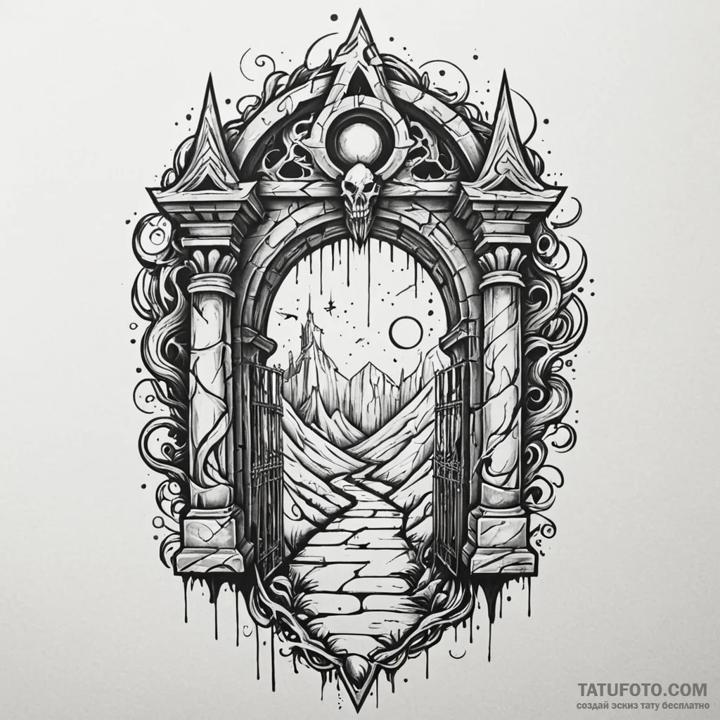 Tomb gate beneath spectral storm, concept art... - эскиз тату (№1750224890_0, 18.06.2025 05:34) — Tatufoto.com