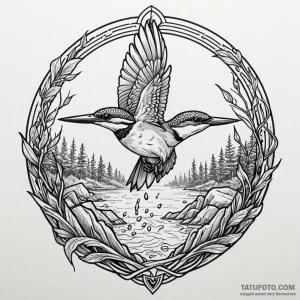 Kingfisher diving into black river, concept a... - эскиз тату (№1750224954_0, 18.06.2025 05:35) — Tatufoto.com