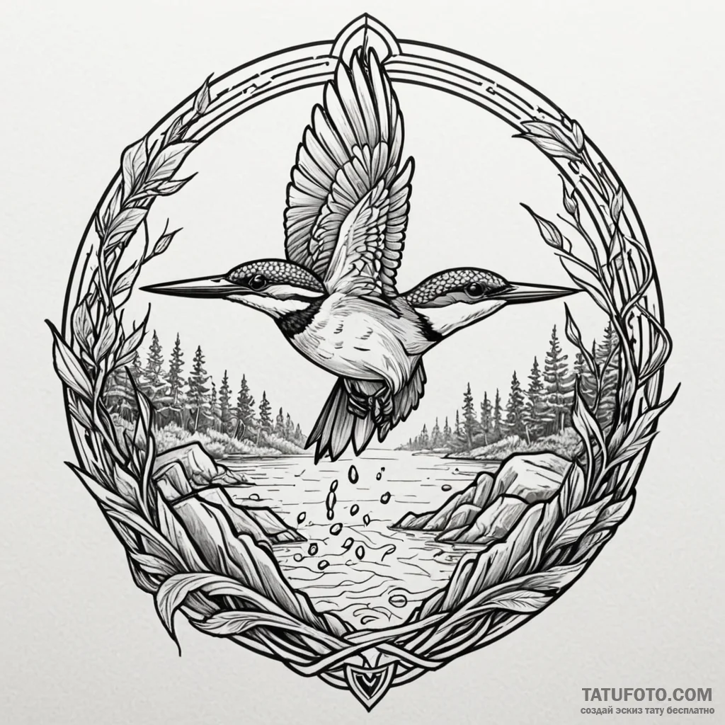 Kingfisher diving into black river, concept a... - эскиз тату (№1750224954_0, 18.06.2025 05:35) — Tatufoto.com