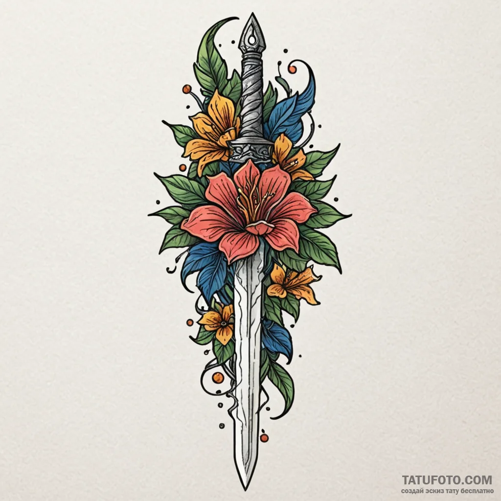 Jagged dagger beneath celestial bloom, tattoo... - эскиз тату (№1750225984_0, 18.06.2025 05:53) — Tatufoto.com