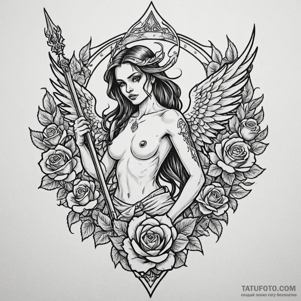 Angel warrior with flaming spear, tattoo draw... - эскиз тату (№1750227671_0, 18.06.2025 06:21) — Tatufoto.com