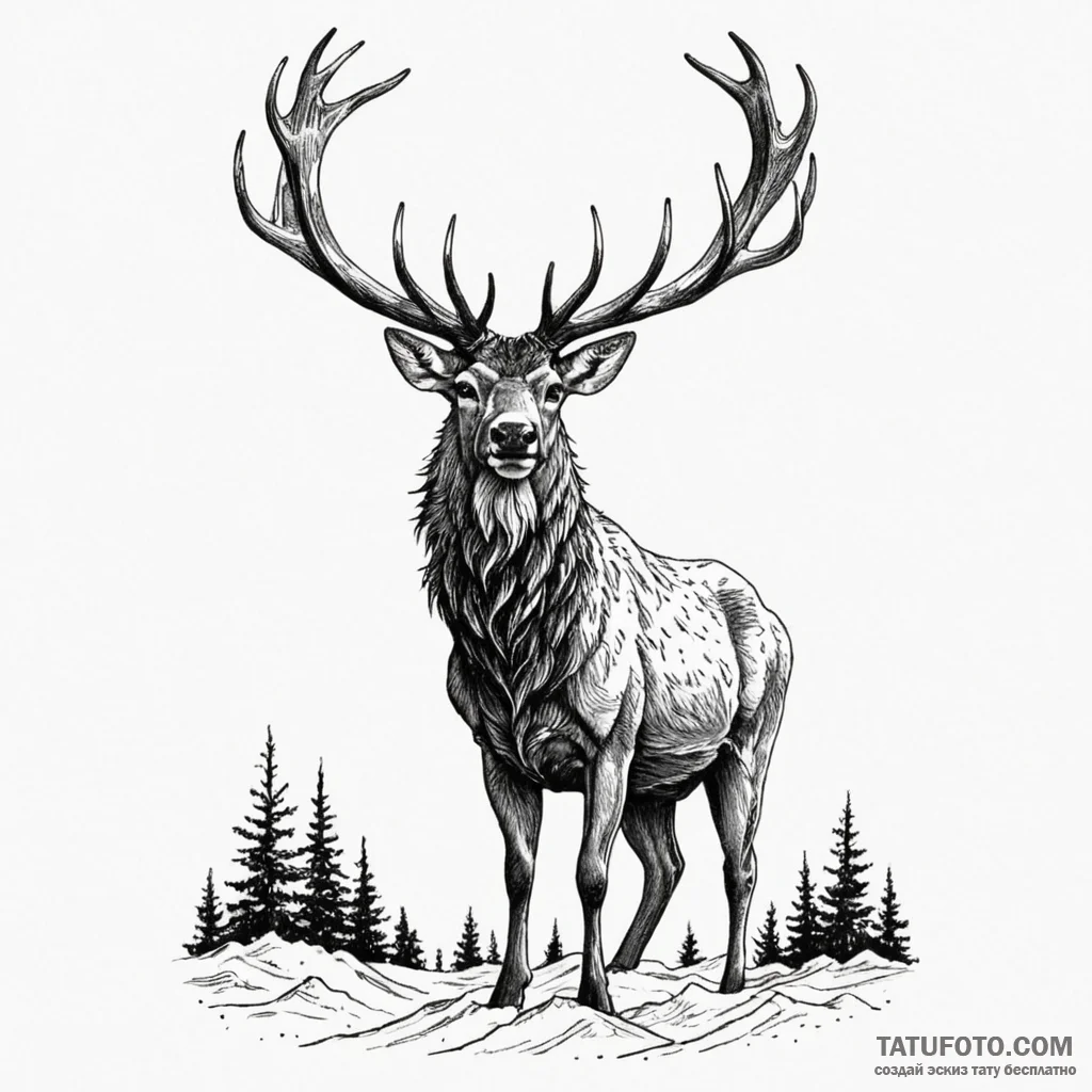 Aurora stag standing in snow, ink illustratio... - эскиз тату (№1750228578_0, 18.06.2025 06:36) — Tatufoto.com