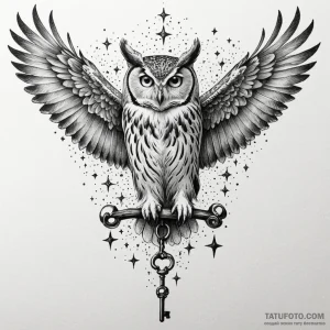 Owl with a key in its talons, wings spread to... - эскиз тату (№1750229354_0, 18.06.2025 06:49) — Tatufoto.com
