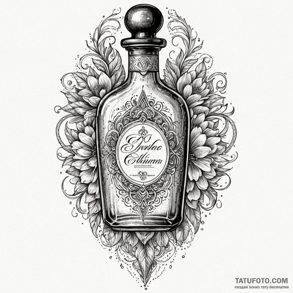 Perfume bottle with a label written in elegan... - эскиз тату (№1750229483_0, 18.06.2025 06:51) — Tatufoto.com