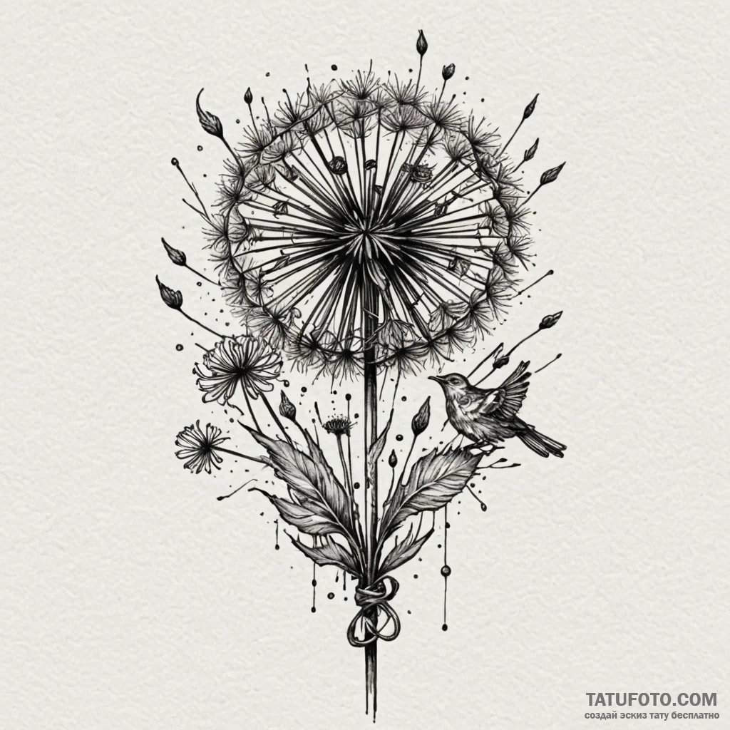 Dandelion with birds, tattoo flash sheet desi... - эскиз тату (№1750230066_0, 18.06.2025 07:01) — Tatufoto.com