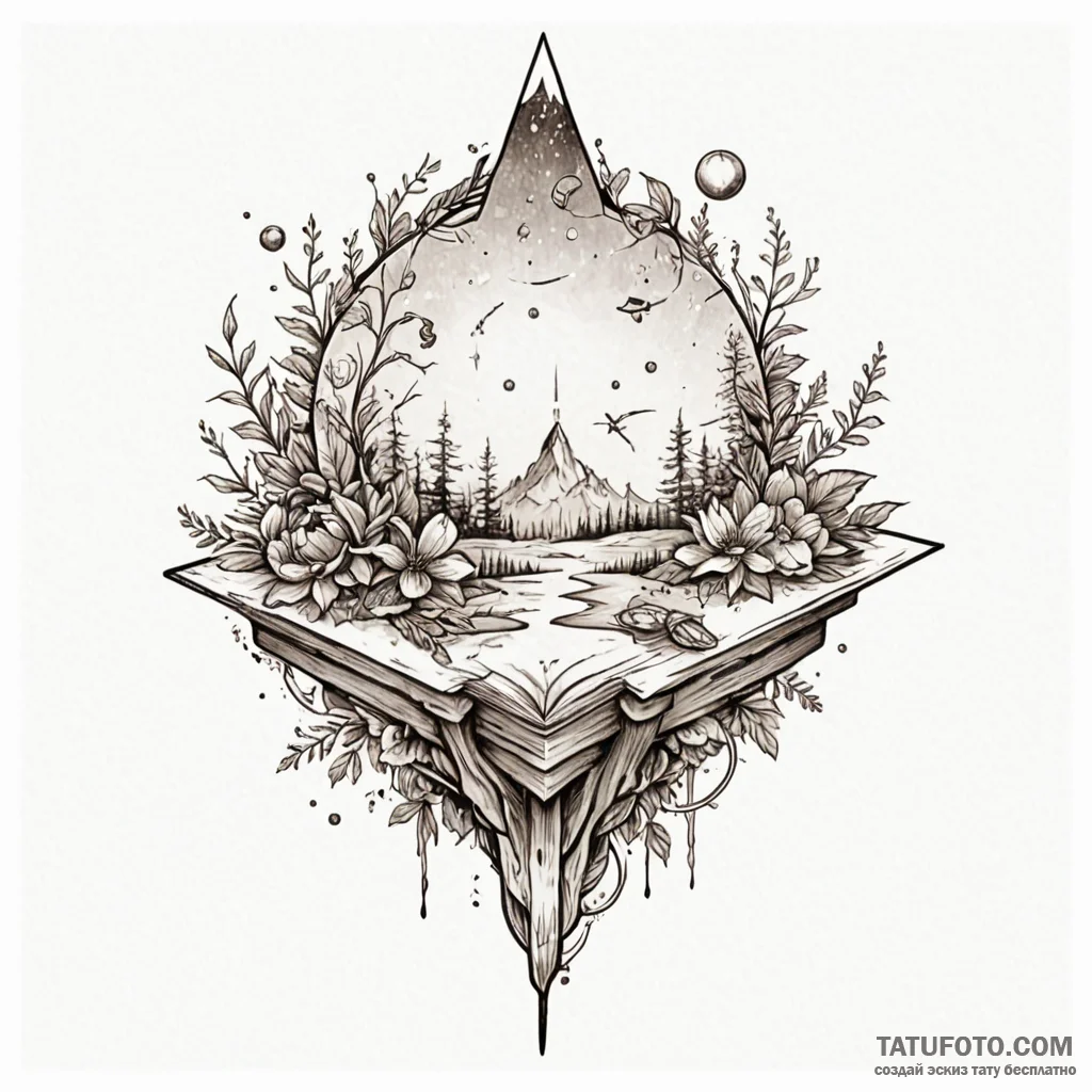 Altar made from a crashed satellite, adorned... - эскиз тату (№1750231103_0, 18.06.2025 07:18) — Tatufoto.com