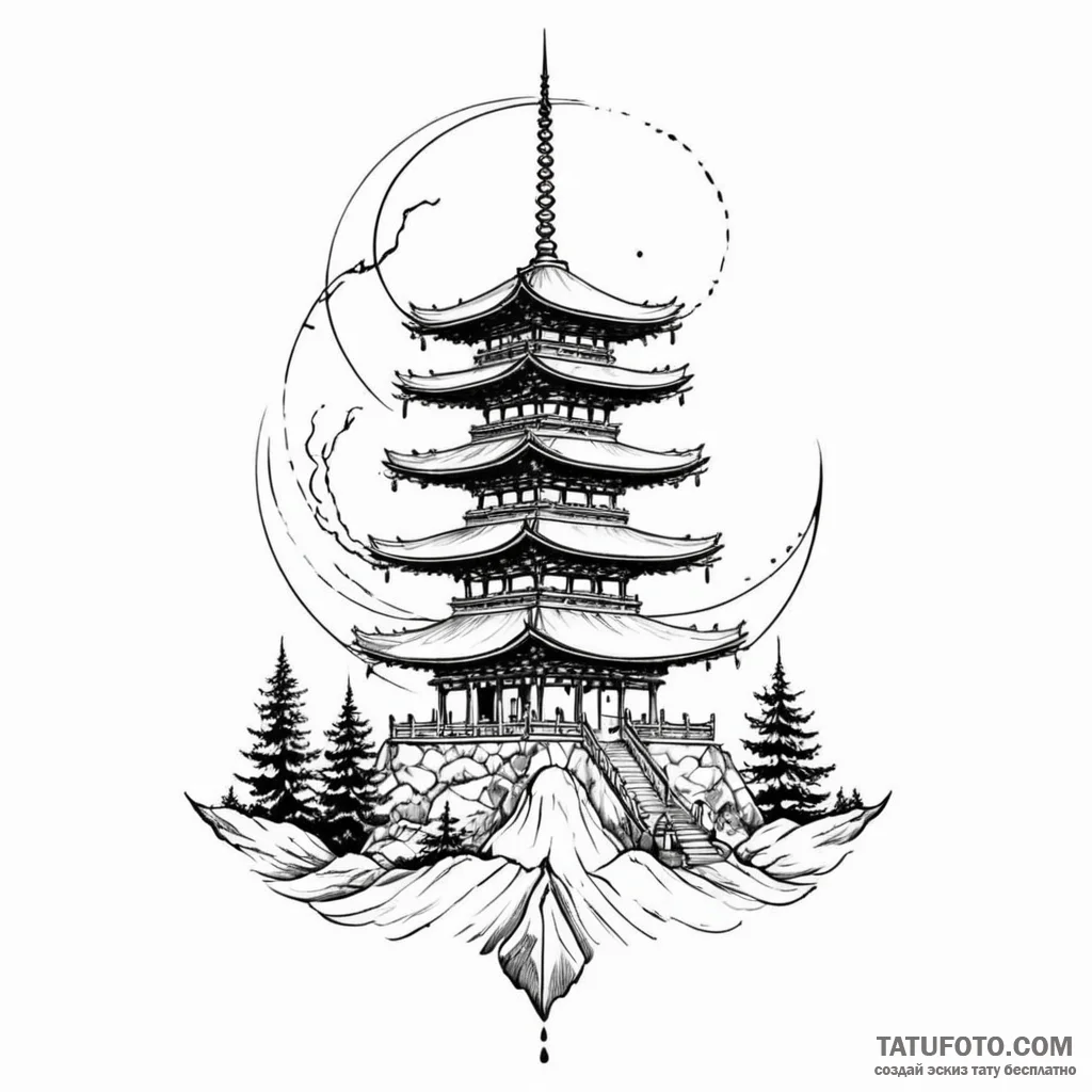 Pagoda beneath crimson eclipse, tattoo drawin... - эскиз тату (№1750231887_0, 18.06.2025 07:31) — Tatufoto.com