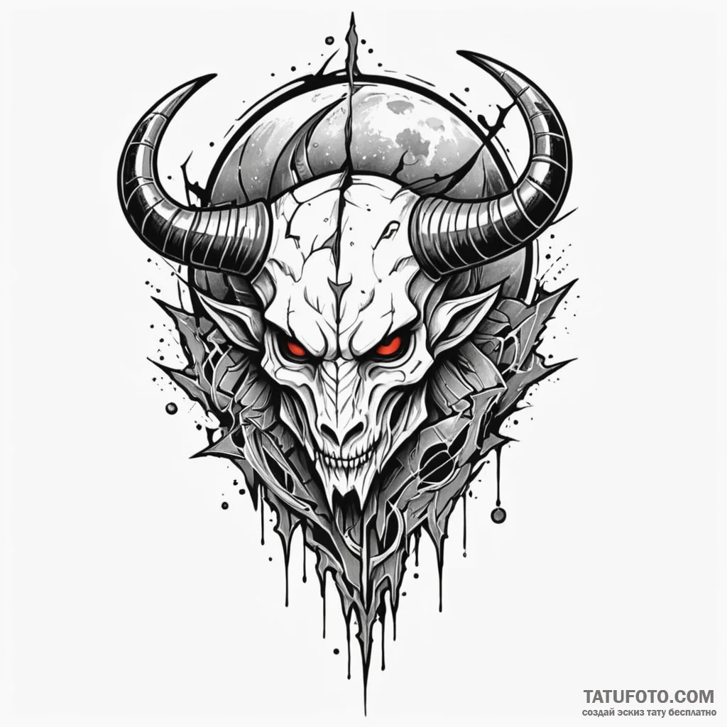 Horned helm beneath shattered moon, tattoo dr... - эскиз тату (№1750232083_0, 18.06.2025 07:34) — Tatufoto.com