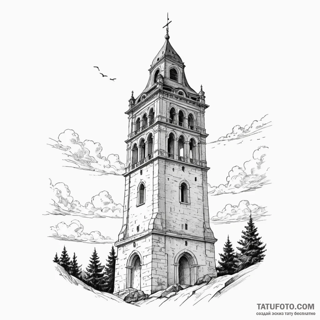 A classic bell tower against a sky, architect... - эскиз тату (№1750232926_0, 18.06.2025 07:48) — Tatufoto.com