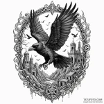 Apocalyptic raven flying over ruins, tattoo f… — эскиз тату (№1750232990_0, 18.06.2025 07:49) — Tatufoto.com