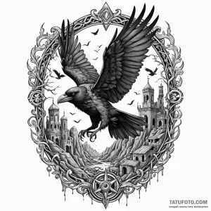 Apocalyptic raven flying over ruins, tattoo f... - эскиз тату (№1750232990_0, 18.06.2025 07:49) — Tatufoto.com