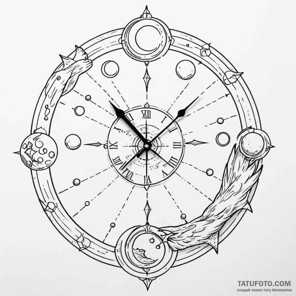 Astral clock with orbiting moons, tattoo line... - эскиз тату (№1750233635_0, 18.06.2025 08:00) — Tatufoto.com