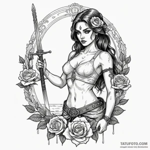 Lady of the lake holding a sword above the wa... - эскиз тату (№1750234540_0, 18.06.2025 08:15) — Tatufoto.com