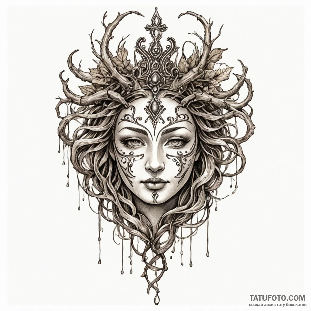 Nymph mask crowned with roots, artistic tatto... - эскиз тату (№1750235577_0, 18.06.2025 08:32) — Tatufoto.com