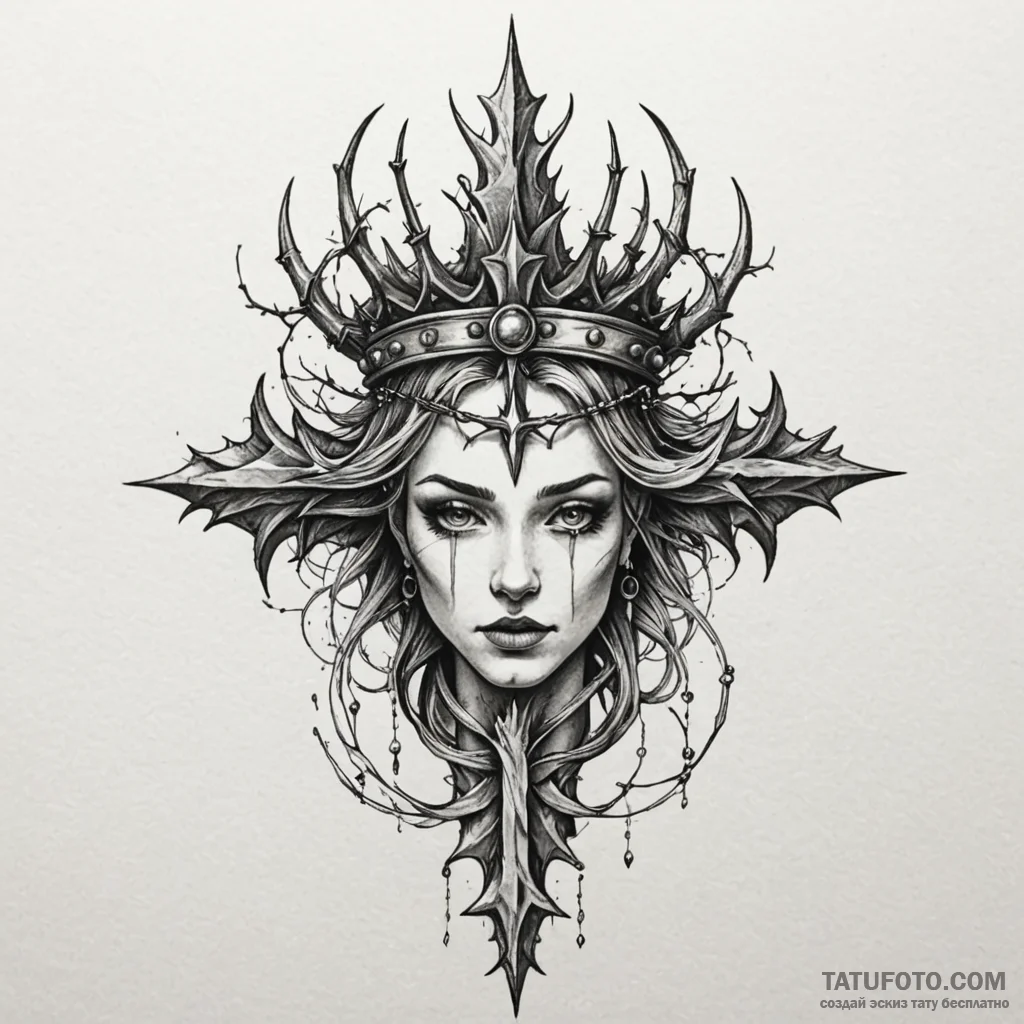 Glyph-etched relic crowned with thorns, tatto... - эскиз тату (№1750237339_0, 18.06.2025 09:02) — Tatufoto.com