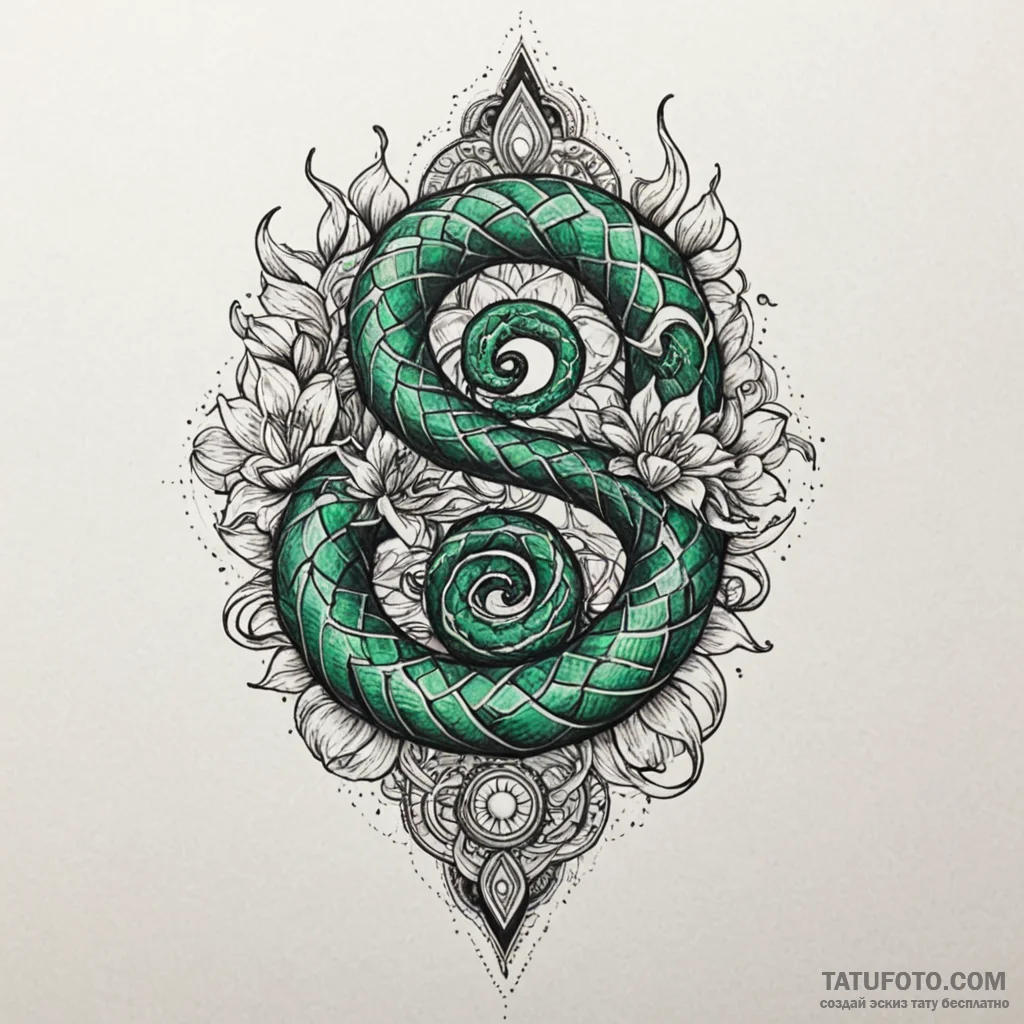 Emerald serpent within burning bloom, concept... - эскиз тату (№1750238575_0, 18.06.2025 09:22) — Tatufoto.com