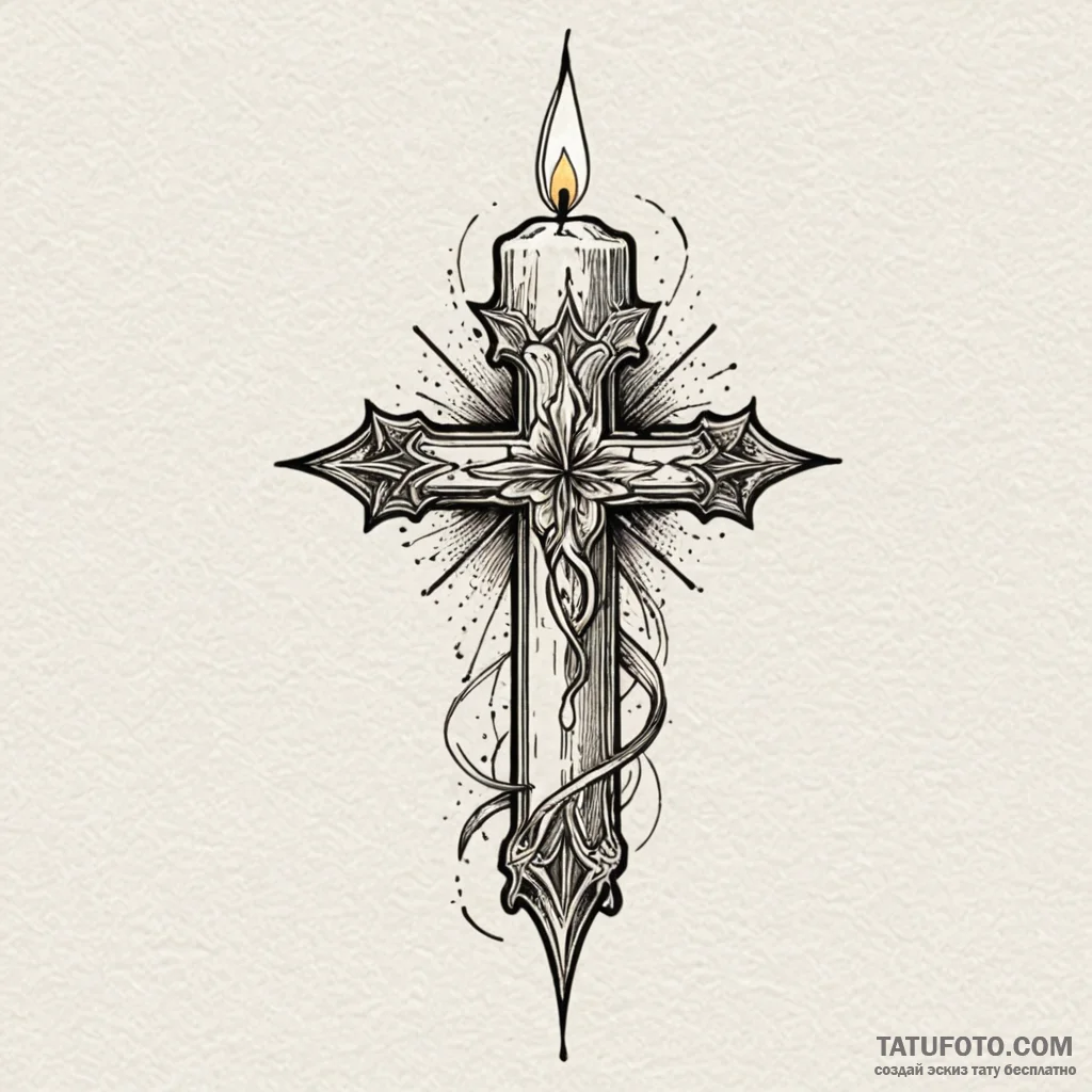 Candle, tattoo drawing outline, detailed cros... - эскиз тату (№1750239152_0, 18.06.2025 09:32) — Tatufoto.com