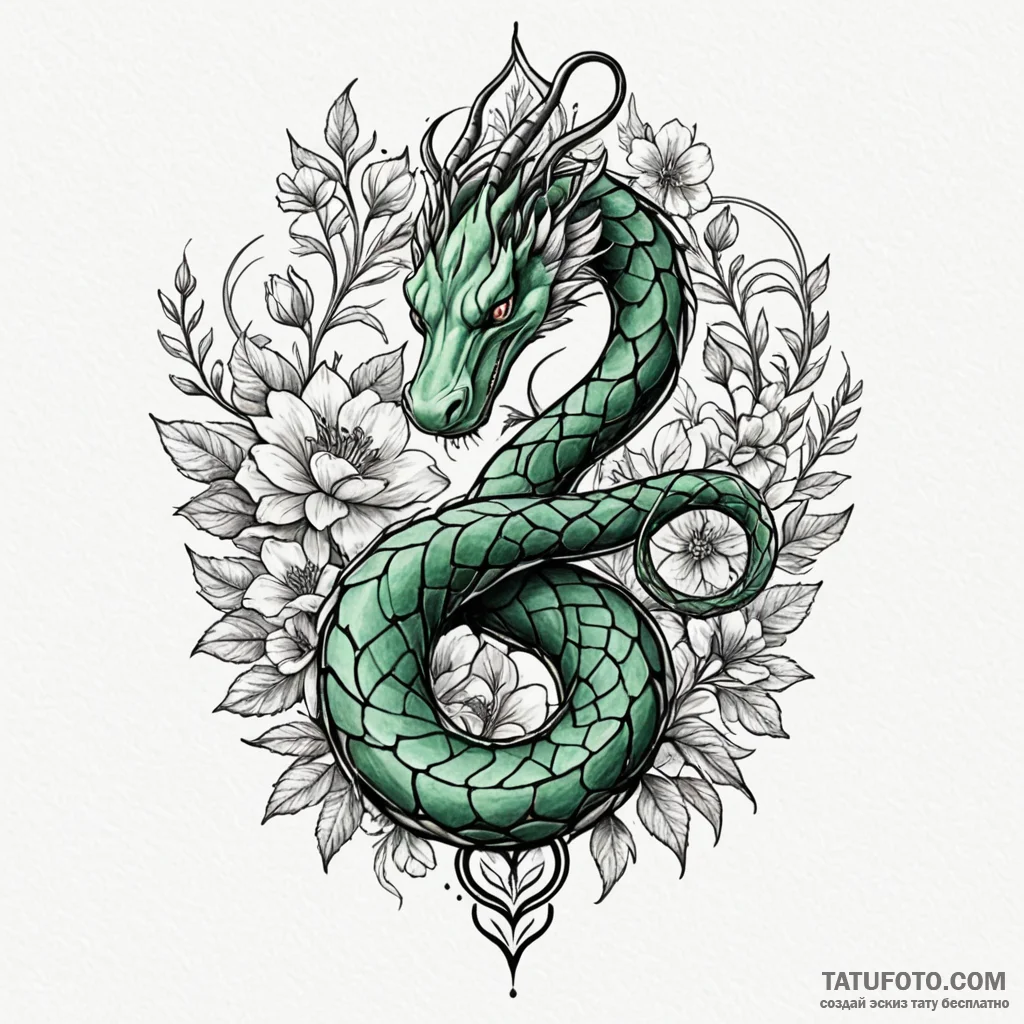 Emerald serpent through frozen bloom, tattoo... - эскиз тату (№1750239280_0, 18.06.2025 09:34) — Tatufoto.com