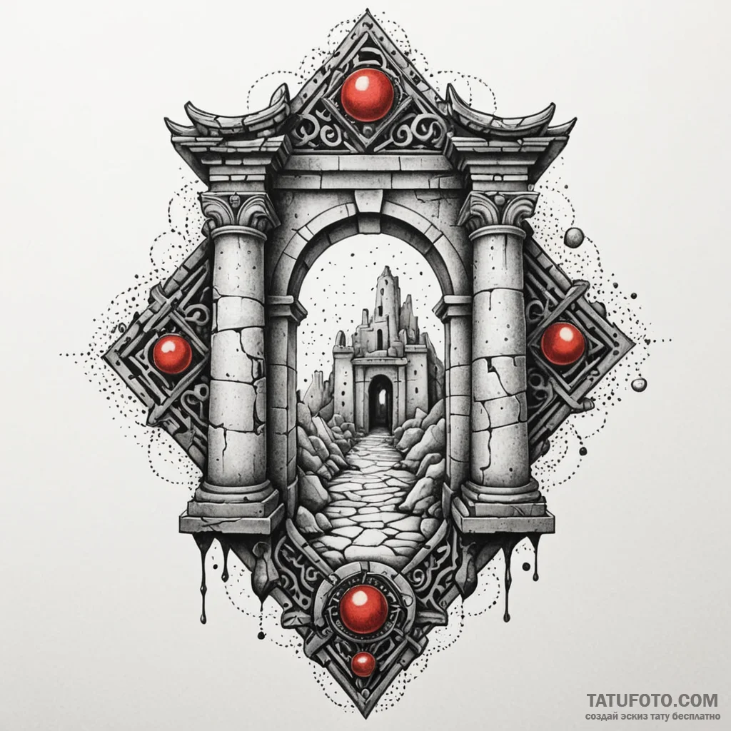 Dark gate beneath ruins, tattoo sketch design... - эскиз тату (№1750239343_0, 18.06.2025 09:35) — Tatufoto.com