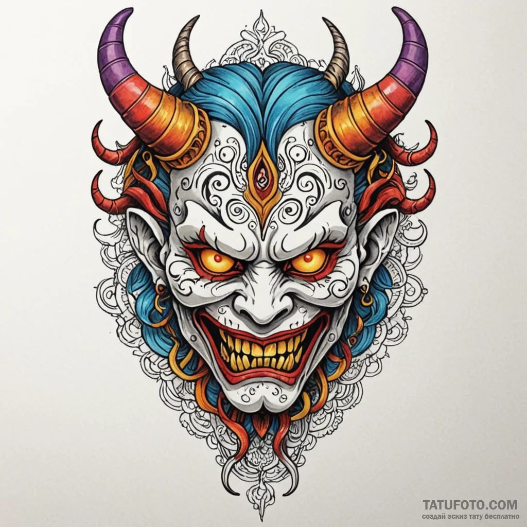 An oni mask cracking to reveal a human face,... - эскиз тату (№1750239408_0, 18.06.2025 09:36) — Tatufoto.com