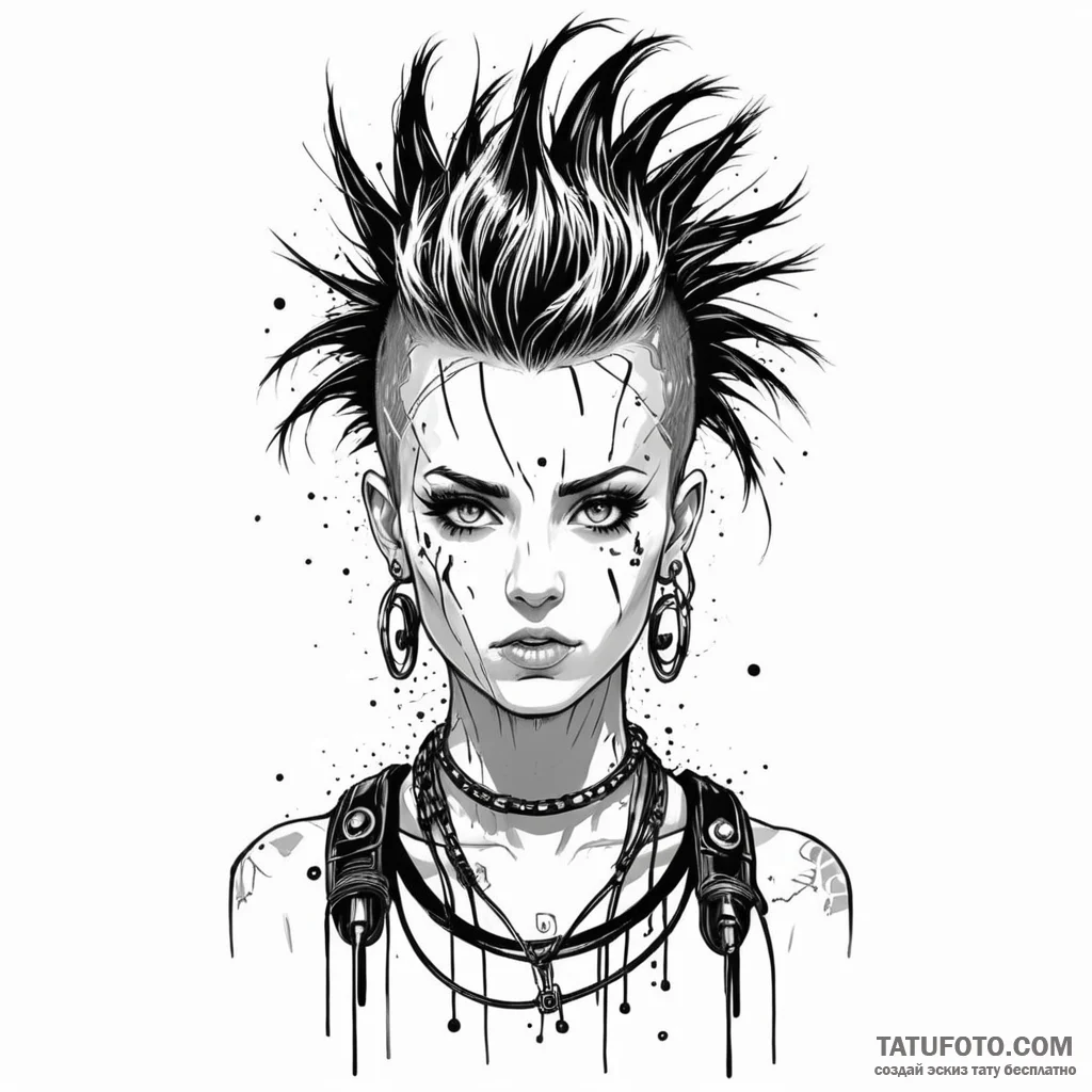 A punk girl with a mohawk made of fiber optic... - эскиз тату (№1750241800_0, 18.06.2025 10:16) — Tatufoto.com