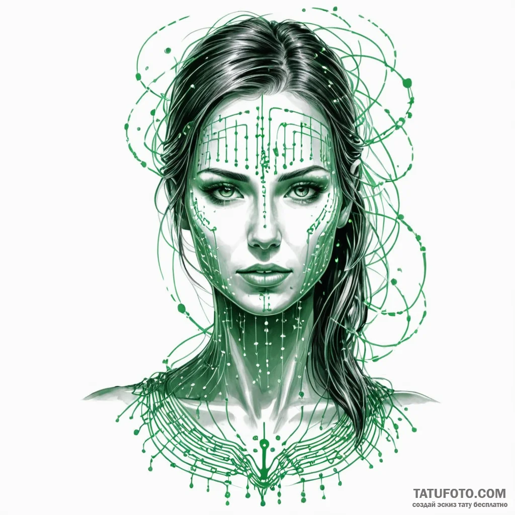 A female hacker in a trance, data flowing fro... - эскиз тату (№1750241989_0, 18.06.2025 10:19) — Tatufoto.com
