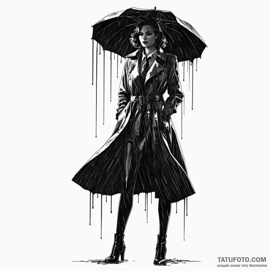 A noir detective woman in a trench coat, stan... - эскиз тату (№1750242178_0, 18.06.2025 10:22) — Tatufoto.com