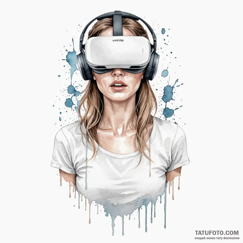 A woman wearing a vr headset, but what she se... - эскиз тату (№1750242618_0, 18.06.2025 10:30) — Tatufoto.com