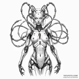 A cyborg goddess, with multiple glowing arms... - эскиз тату (№1750244510_0, 18.06.2025 11:01) — Tatufoto.com