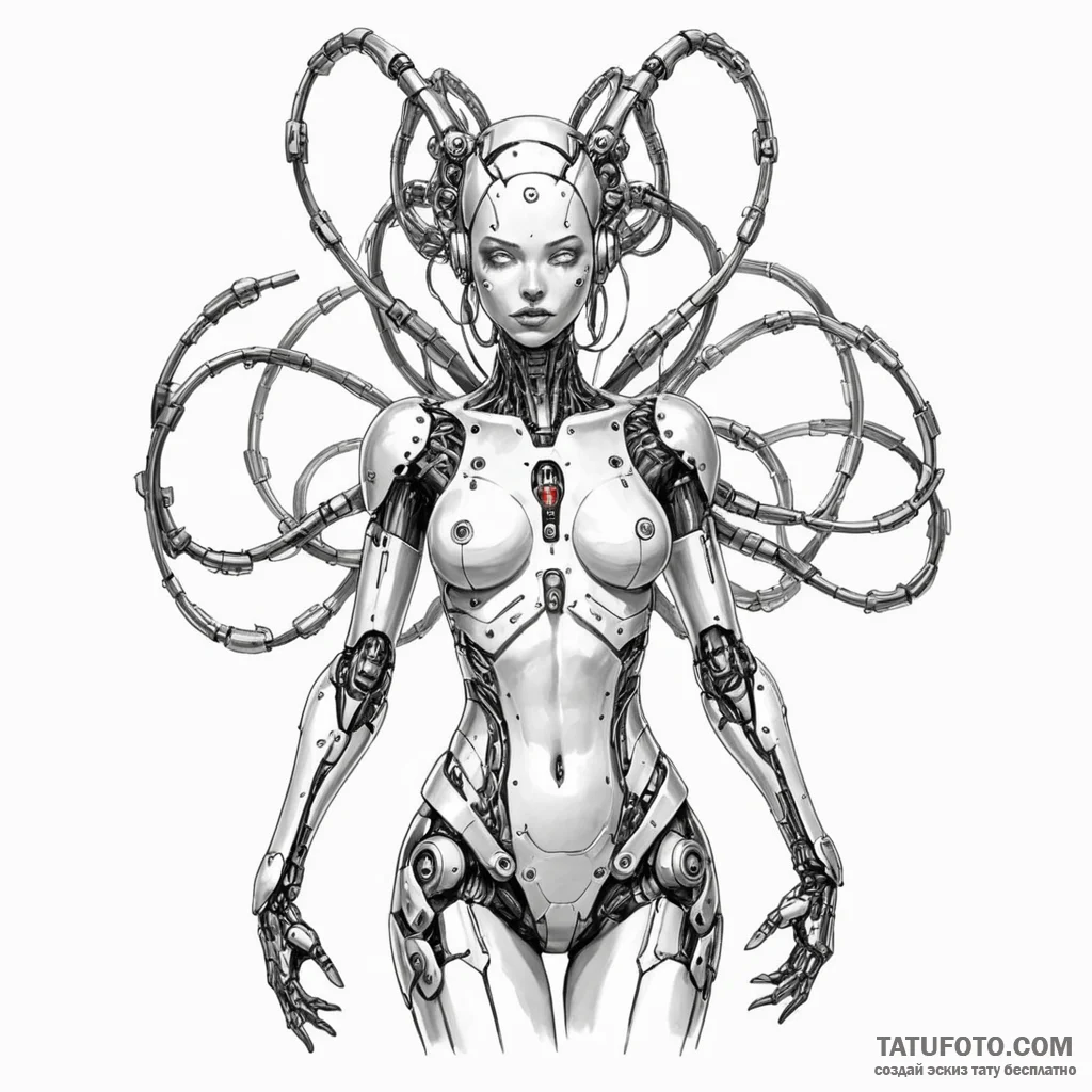 A cyborg goddess, with multiple glowing arms... - эскиз тату (№1750244510_0, 18.06.2025 11:01) — Tatufoto.com